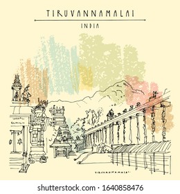 Tiruvannamalai (Tiru), Tamil Nadu, South India. Arulmigu Arunachaleswarar Temple (The Annamalaiyar Shiva Temple), Annamalaiyar hill. Artistic drawing. Travel sketch. Vintage hand drawn vector postcard
