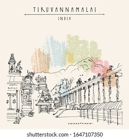 Tiruvannamalai (Tiru), Tamil Nadu, South India. Arulmigu Arunachaleswarar Temple (The Annamalaiyar Shiva Temple), Annamalaiyar hill. Artistic drawing. Travel sketch. Vintage hand drawn vector postcard