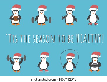 Tis the season to be healthy greeting with cute penguins doing sports, working out, lifting weights with Santa claus christmas hats
