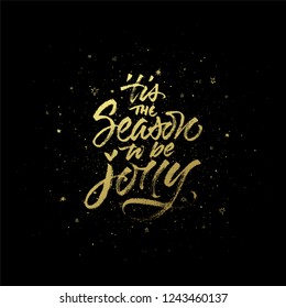 'tis the Season to be Jolly Christmas quote. Vector handwritten calligraphy on dark sparkling background.