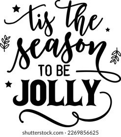 Tis the season to be jolly, Christmas quote handwritten on black background decorated with red santa hat and mittens. Winter holidays greeting, calligraphy inscription.