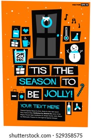 'Tis the season to be jolly! (Flat Style Vector Illustration Holidays Quote Poster Card Design) With Text Box Template 