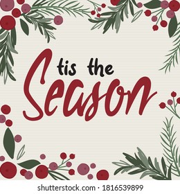 T'is the season letter with Christmas leaves, vector illustration