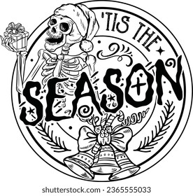 Tis the season, Vintage skull christmas, Funny Skeleton, Santa claus skull.