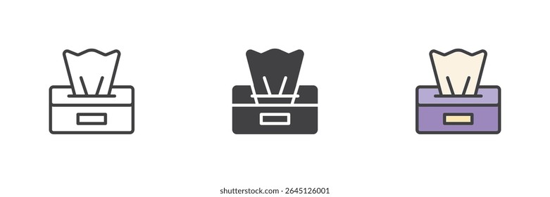 Tissue box icon in line, solid, and filled outline style. Personal hygiene and disposable tissue symbol. Clean vector care icon for sneeze, wipe, or health use.