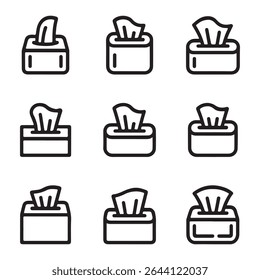 Conjunto de ícones de caixa de tecido. Ilustração de arte de linha simples de vários desenhos de caixa de tecido
