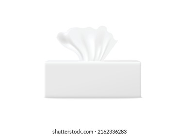 Tissue box with paper napkin from side view, realistic 3d vector illustration isolated on white background. Handkerchief package mockup with blank cardboard box.