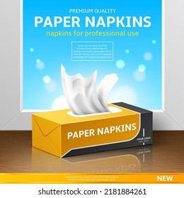 Tissue box poster. Realistic dry kitchen napkins, packaging design, hygiene paper products, skin cleanser, blank cardboard package, 3d mockup, advertising banner template, utter vector concept