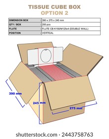 Tissue Cube Box - Option 2. 3D Engineering Drawing Illustration: for fitting the tissue product to the outer box. equipped with detailed information.