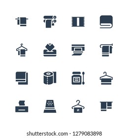 tissue icon set. Collection of 16 filled tissue icons included Towel, Thimble, Tissue, Antiseptic, Toilet paper, Wipes, Paper roll