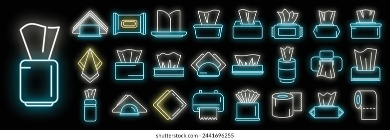Tissue icons set outline vector. Silk cloth. Fabric paper neon color on black