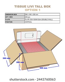 Tissue Livi Tall Box - Option 1.
3D Engineering Drawing Illustration: for fitting the tissue product to the outer box. equipped with detailed information.