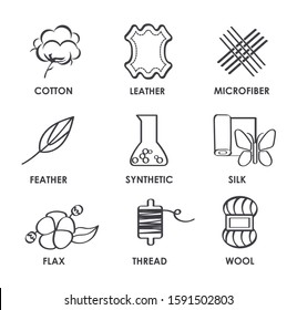 Tissue materials icon. Linear image of silk, cotton, leather, microfiber, feather, synthetic, silk, flax, thread and wool. Editable vector.