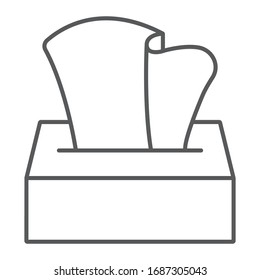 Tissue napkin box thin line icon, wash and hygiene, hand tissues sign, vector graphics, a linear pattern on a white background, eps 10