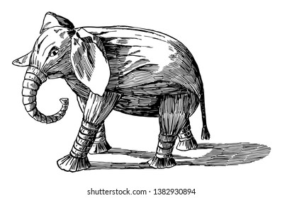 El elefante de papel tisular modelado a partir de un elefante pequeño, es un simple dibujo artesanal, de línea vintage o ilustración de grabado.