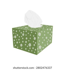 Tissue paper in green packaging with flower pattern. Paper napkins  for home, office and cafes. Dry wipes box isolated on white background. Colored flat vector illustration