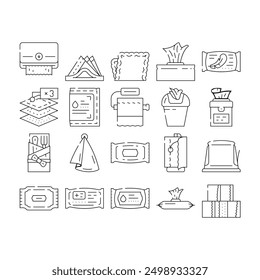 Iconos de papel tisú y paquete de servilleta Set Vector. Dispensador De Toallas Y Contenedor, Embalaje De Accesorios Higiénicos Y Línea De Caja, Tejido Para Cubiertos Y Toallitas Médicas. Ilustraciones de contorno negro