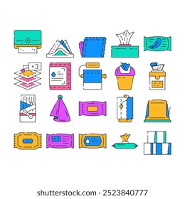 Iconos de papel tisú y paquete de servilleta Set Vector. Dispensador Y Contenedor De Toallas, Embalaje De Accesorios Higiénicos Y Línea De Caja, Tejido Para Cubiertos Y Toallitas Médicas. color Ilustraciones De Contorno