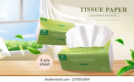 Tissue paper promo banner. 3D Illustration of two packages of tissue paper flowing onto a wooden table indoor with breeze blowing in on white curtains and bringing some leaves on a sunny day