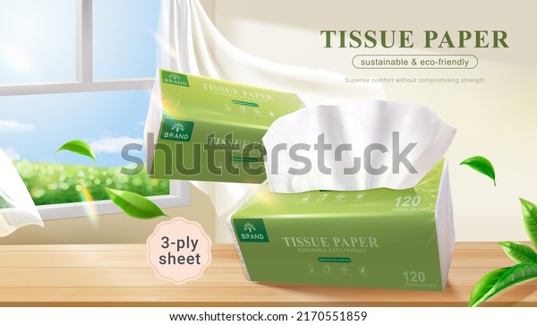 Tissue\
paper promo banner. 3D Illustration of two packages of tissue paper\
flowing onto a wooden table indoor with breeze blowing in on white\
curtains and bringing some leaves on a sunny\
day