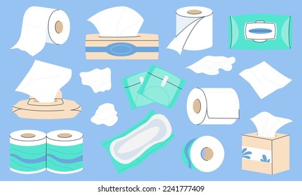 Tissue paper set. Toilet rolls, papers towel box. Wet and dry napkin or doily. Facial and hands sanitary and self hygiene elements. Decent vector bathroom collection