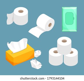 Tissue paper set, wet wipes, toilet paper roll. Use for toilet, bathroom, kitchen. Modern flat icons in a trendy flat style.