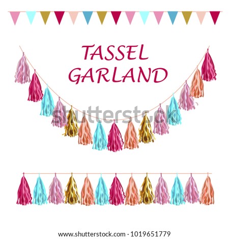 Tissue paper tassel garland banner. Vector image of festive decor