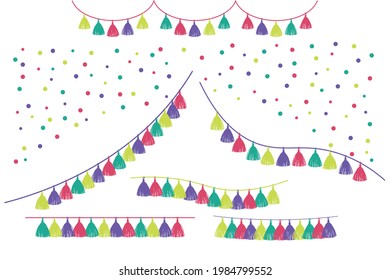 Tissue paper tassel garlands and confetti. Festive clipart. Set of decorative elements isolated on white background. Vector illustration for postcard, banner, baby shower party invitation, poster