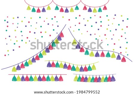 Tissue paper tassel garlands and confetti. Festive clipart. Set of decorative elements isolated on white background. Vector illustration for postcard, banner, baby shower party invitation, poster