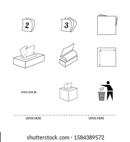 Tissue and paper towel flat line icons set.  Signs 2ply and 3ply sheets. Recycle symbol. Sheet size. Open here directions. Vector illustration