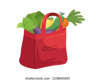 Bolsa roja tisular con productos frescos saludables, ilustración vectorial isométrica. Paquete de compra de comercios con verduras de temporada. Compra de alimentos ecológicos naturales en una tienda de supermercados