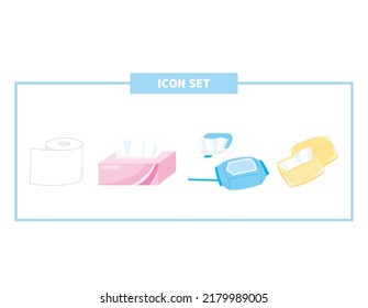 Tissue paper.　Toilet paper.　Wet wipes.　Sterilization sheets. Icon set.