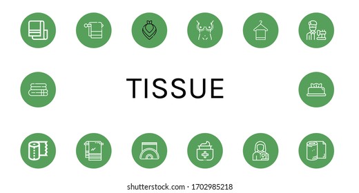 tissue simple icons set. Contains such icons as Towel, Kerchief, Breast enlargement, Tailor, Paper towel, Napkin holder, Antiseptic, Toilet paper, can be used for web, mobile and logo