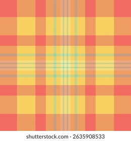 Tissue tartan texture background, apparel vector textile plaid. Menswear pattern check fabric seamless in amber and red colors palette.
