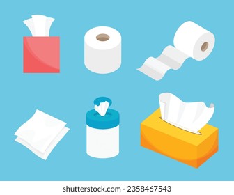 Tissue and toilet paper rolls. Wet wipes. Hygiene and sanitary. Vector illustration in a trendy flat style isolated.