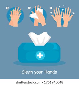 tissues box and hands washing steps design, Disinfects clean antibacterial and hygiene theme Vector illustration