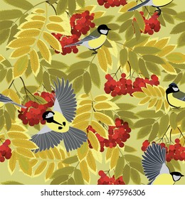 tit among autumn rowan branches seamless vector pattern