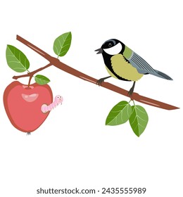 Tit. An apple with a worm. Isolated object. For a children's book. Isolated object. Flat design. Vector illustration