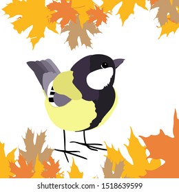 Tit bird, in autumn, background from yellowed maple leaves, postcard, color vector illustration