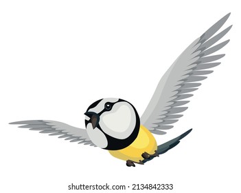Pájaro tieso en posición de vuelo. Titmouse en dibujos animados de estilo plano y bonito personaje. Ilustración del vector aislada en fondo blanco