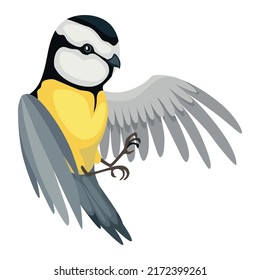 Pájaro tieso en posición de vuelo. Titmouse en dibujos animados de estilo plano y bonito personaje. Ilustración del vector aislada en fondo blanco
