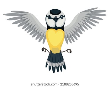 Tit bird in flying position. Titmouse in cartoon flat style beautiful character. Vector illustration isolated on white background