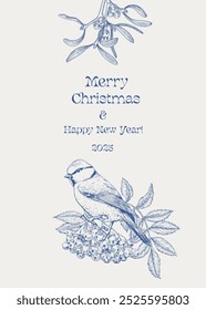 A tit bird on the rowan twig mistletoe Merry Christmas and happy new year. Toile art vintage illustration blue beige Hand drawn Vector background for design greeting card, holiday decor, poster, cover