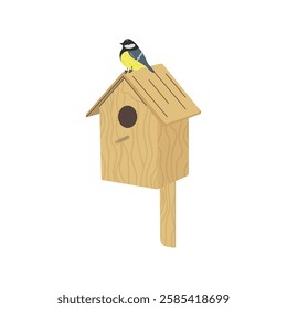 Tit bird on wooden birdhouse, nesting box, isolated on white background, vector illustration