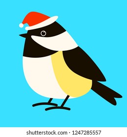 tit bird  in santa hat, vector illustration , flat style ,profile view