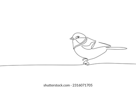 Tit bird are sitting isolated on white background. One line continuous vector illustration. Line art, outline.