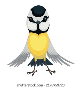 Tit bird in standing position. Titmouse in cartoon flat style beautiful character. Vector illustration isolated on white background