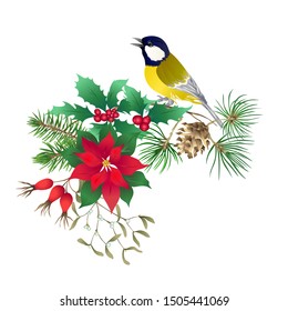 Tit bird - a symbol of winter. Christmas wreath of winter plants. Element for design. Colored vector illustration. Isolated on white background.	