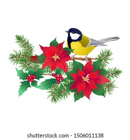 Tit bird - a symbol of winter. Christmas wreath of winter plants. Element for design. Colored vector illustration. Isolated on white background.	