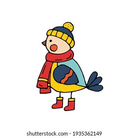 Tit bird in winter clothes: hat, scarf and boots. Vector. Hand-drawn illustration. Doodle.